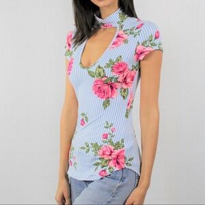 Blue Stripe Pink Rose Choker Neck Short Sl…